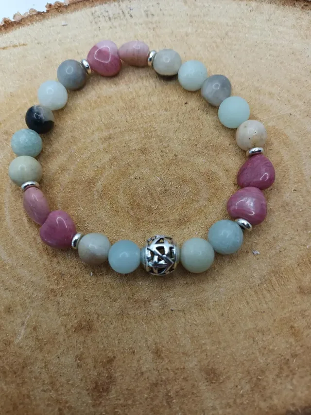 Bracelet amazonite givrée et cœur en rhodochrosite