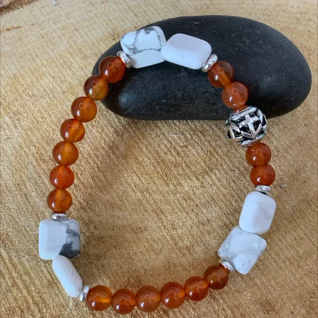 Bracelet double agate cornaline rouge et howlite carrée