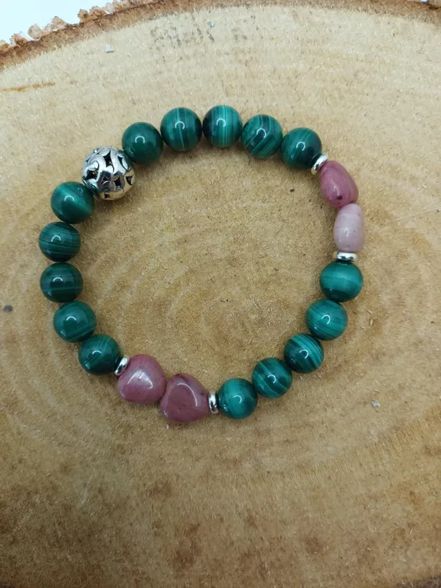 Bracelet malachite 8 mm et cœur en rhodochrosite