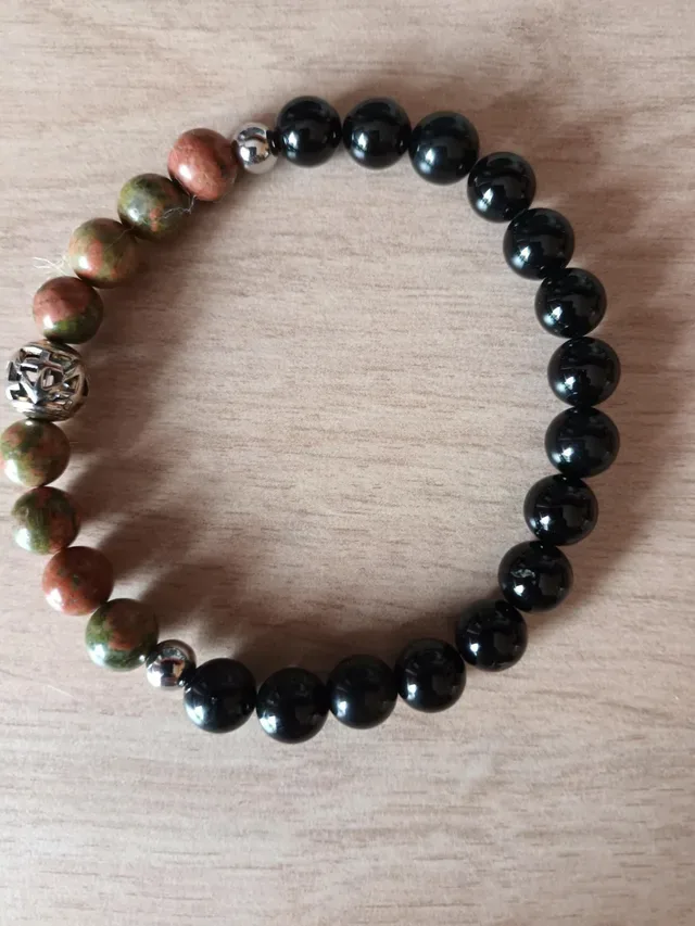 Bracelet tourmaline noire et unakite 8 mm